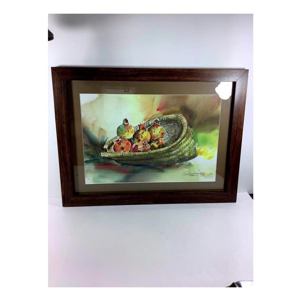 Framed, Signed by Artist, East Asian,  Watercolor Painting of Fruits in a Basket